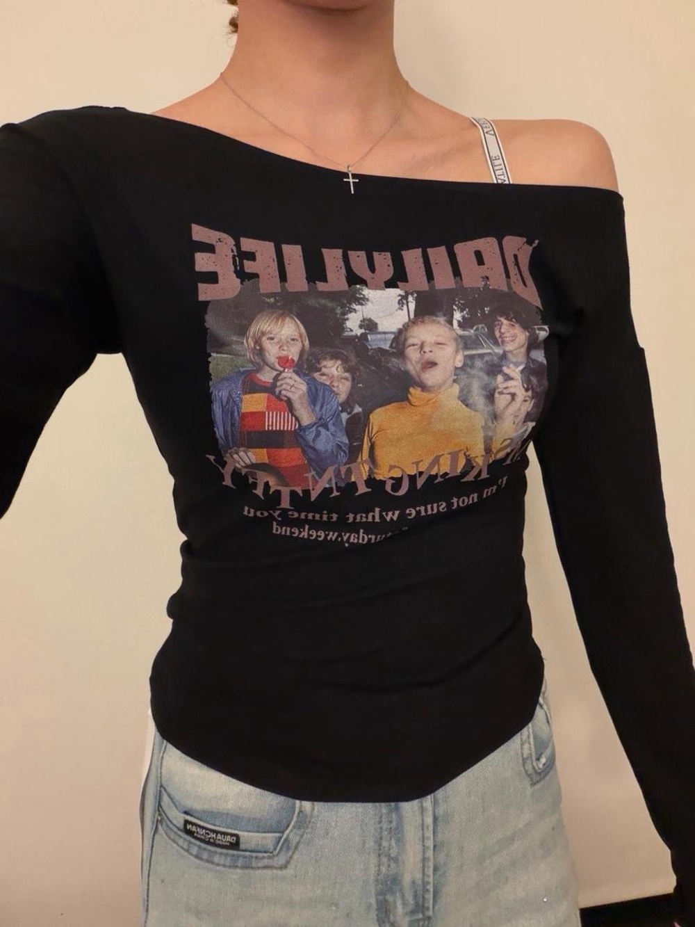 Black Off Shoulder Graphic Top | Y2K Fitted Long Sleeve